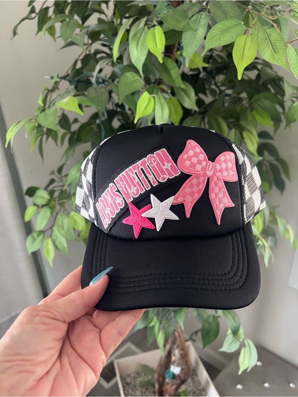 Black Trucker Hat with Pink Bow and Stars